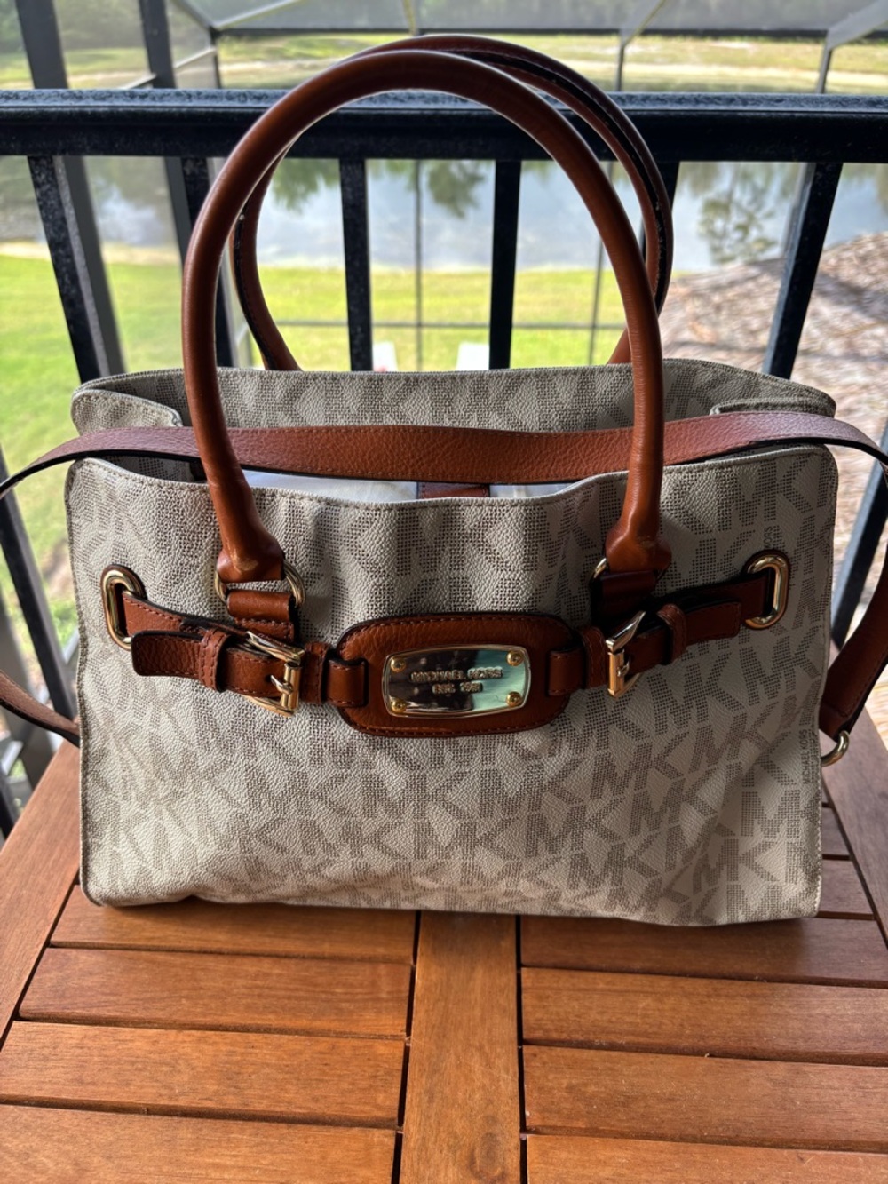 Michael Kors Beige Logo Tote with Brown Leather Handles - Picture 5 of 16